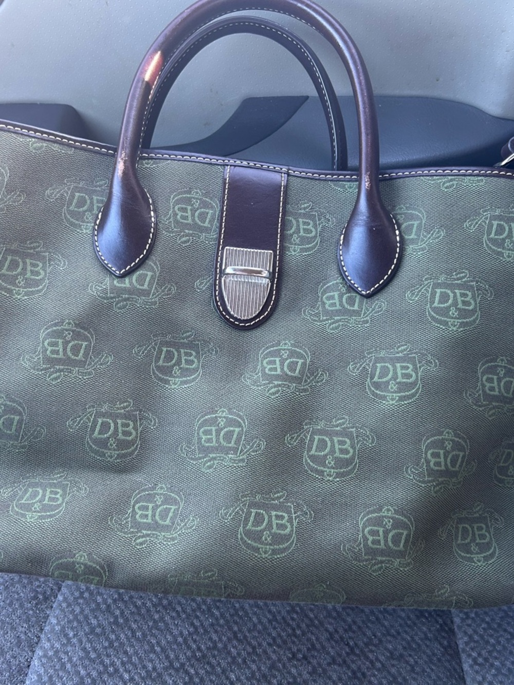 Dooney & Bourke Green Canvas Tote with Brown Leather Trim
